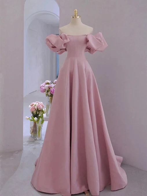 Luolandi Pink Satin A-line Off Shoulder Party Dress Lace-up Floor Length Prom Dress Elegant Evening Dress
