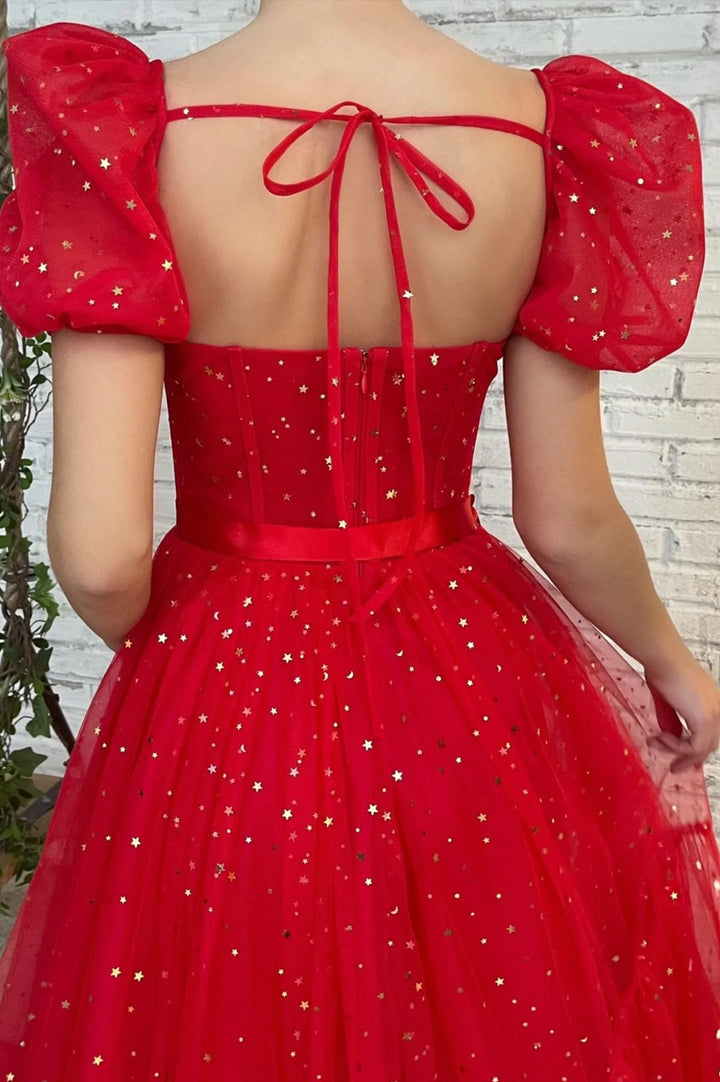 Luolandi Red Tulle Short A-Line Prom Dresses Cute Evening Party Dresses Sparkly