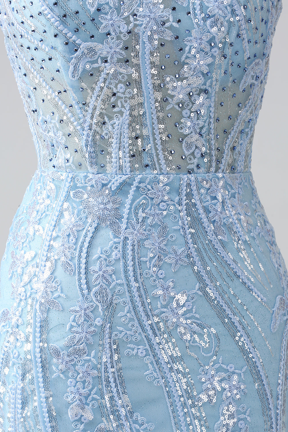 Luolandi Sparkly Sky Blue Mermaid Spaghetti Straps Corset Long Prom Dress With Sequins Beautiful