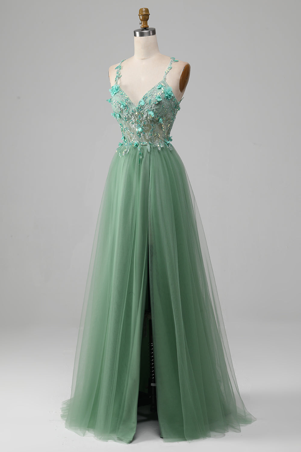 Luolandi Sparkly Green A-Line Spaghetti Straps Corset Prom Dress With Appliques Floor Length