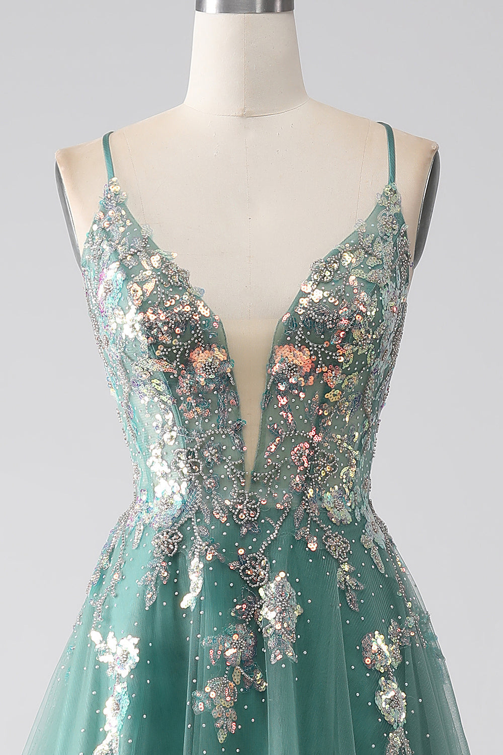 Luolandi Sparkly Green A-Line Spaghetti Straps Long Prom Dress With Sequin Appliques Sexy