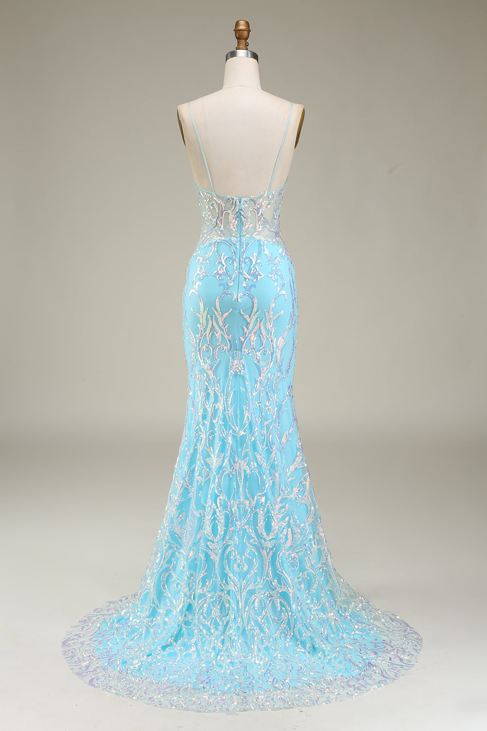Luolandi Glitter Light Blue Mermaid Spaghetti Straps Long Prom Dress Sparkly Evening Dresses