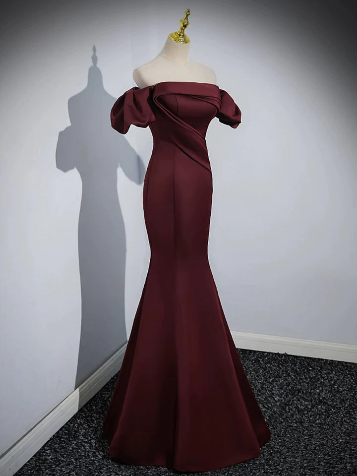 Luolandi Burgundy Satin Long Prom Dress Mermaid Off the Shoulder Evening Party Dress Sexy
