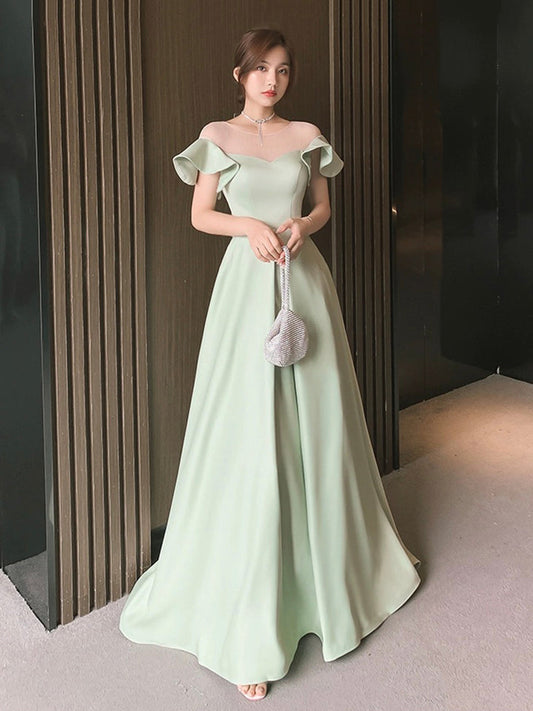 Green Satin Floor Length Prom Dress Simple A-Line Evening Party Dress Sexy