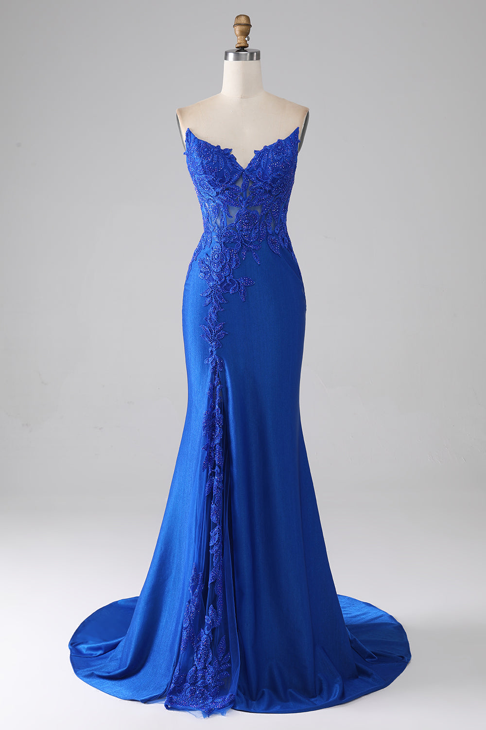 Luolandi Royal Blue Mermaid Strapless Long Beaded Prom Dress With Appliques Sexy Evening Dresses