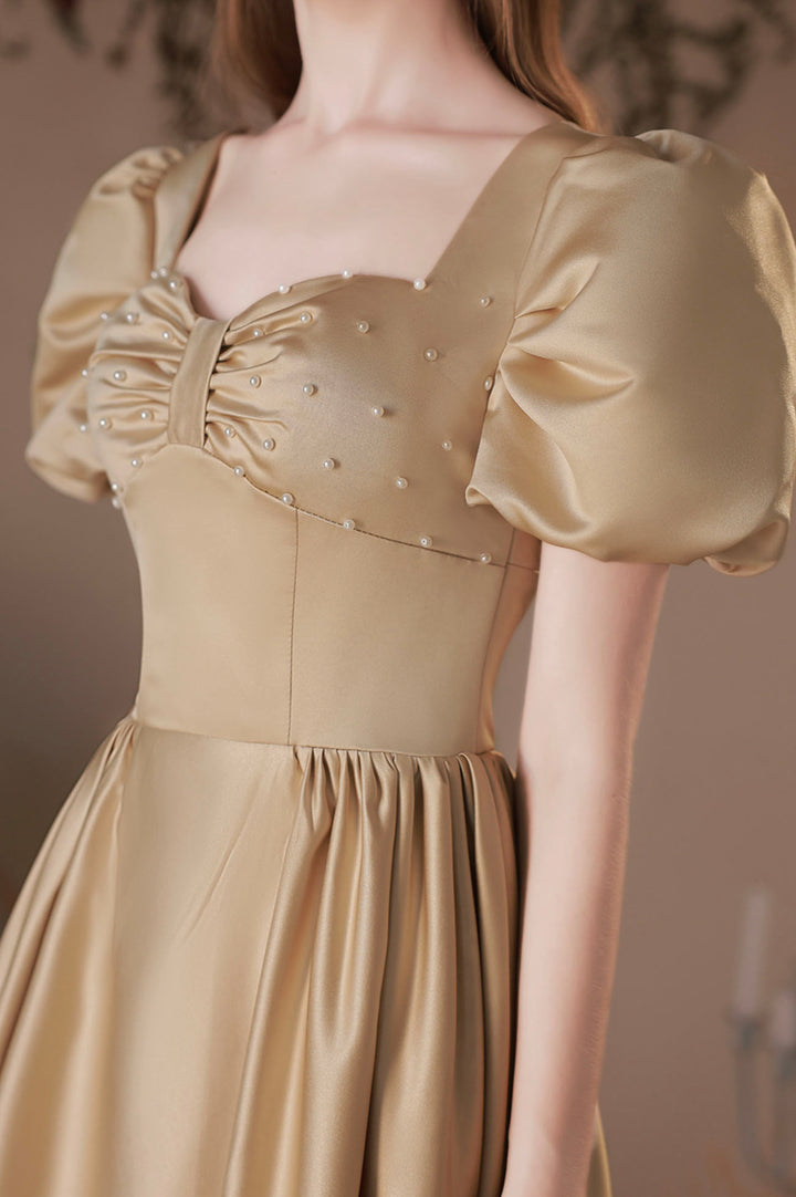 Luolandi Cute Satin Tea Length Prom Dress A-Line Short Sleeve Graduation Party Dress Sexy