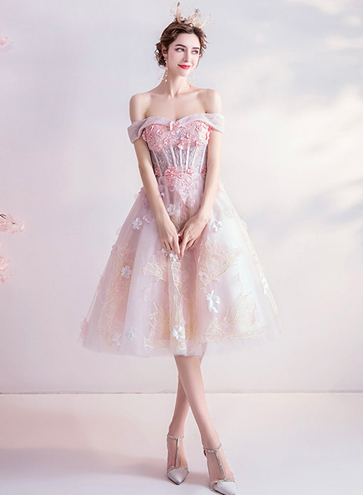 Luolandi Sweet A Line Lace Short Prom Dresses Off the Shoulder Birthday Party Dress Pretty Homecoming Dress With Flowers