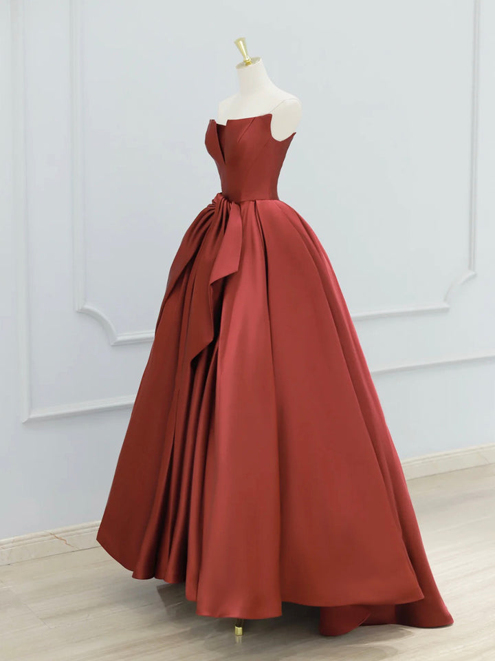 Luolandi Burgundy Strapless Satin Long Prom Dress Beautiful A-Line Evening Party Dress Off Shoulder