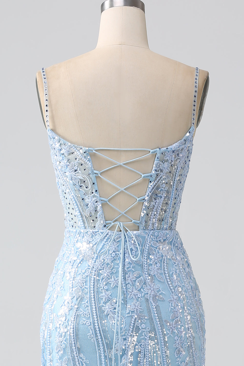 Luolandi Sparkly Sky Blue Mermaid Spaghetti Straps Corset Long Prom Dress With Sequins Beautiful