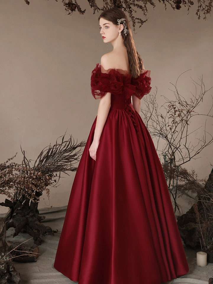 Luolandi Burgundy Satin Off the Shoulder Floor Length Prom Dress Beautiful A-Line Evening Dress Sexy