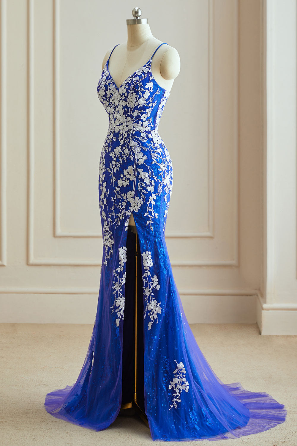 Luolandi Mermaid V Neck Spaghetti Straps Tulle Slit Long Prom Dress With Appliques Sexy