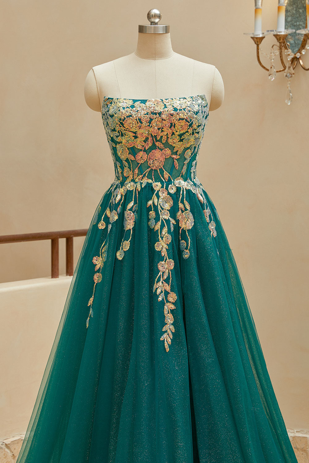 Luolandi A Line StraplessTulle Slit Prom Dresses with Appliques Off Shoulder With Slit