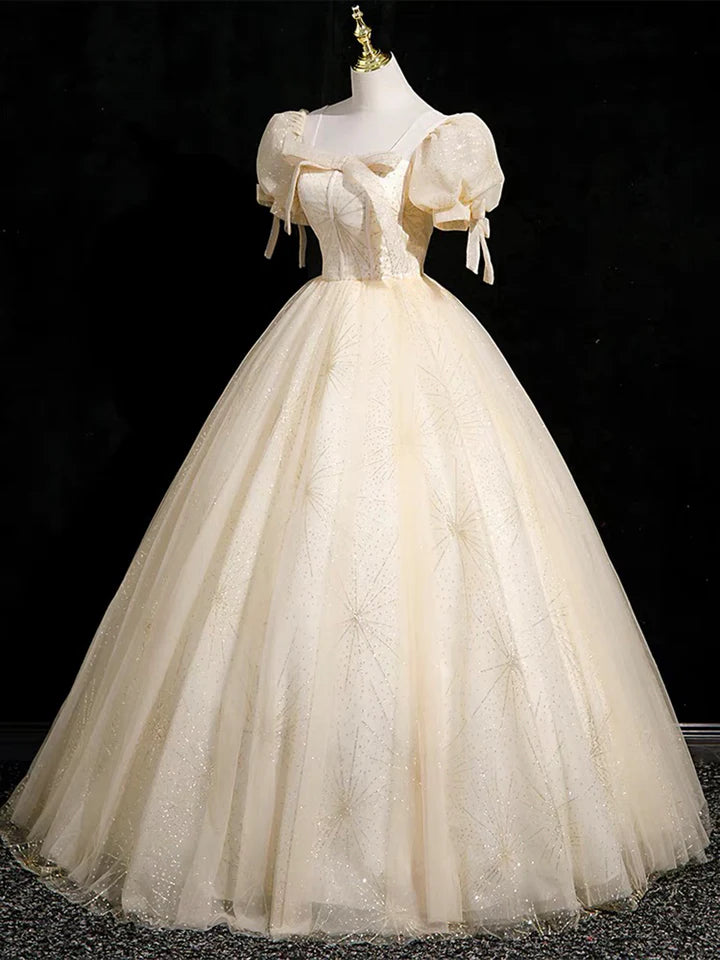 Luolandi Champagne Tulle Floor Length Prom Dress Cute Short Sleeve Evening Party Dress Beautiful