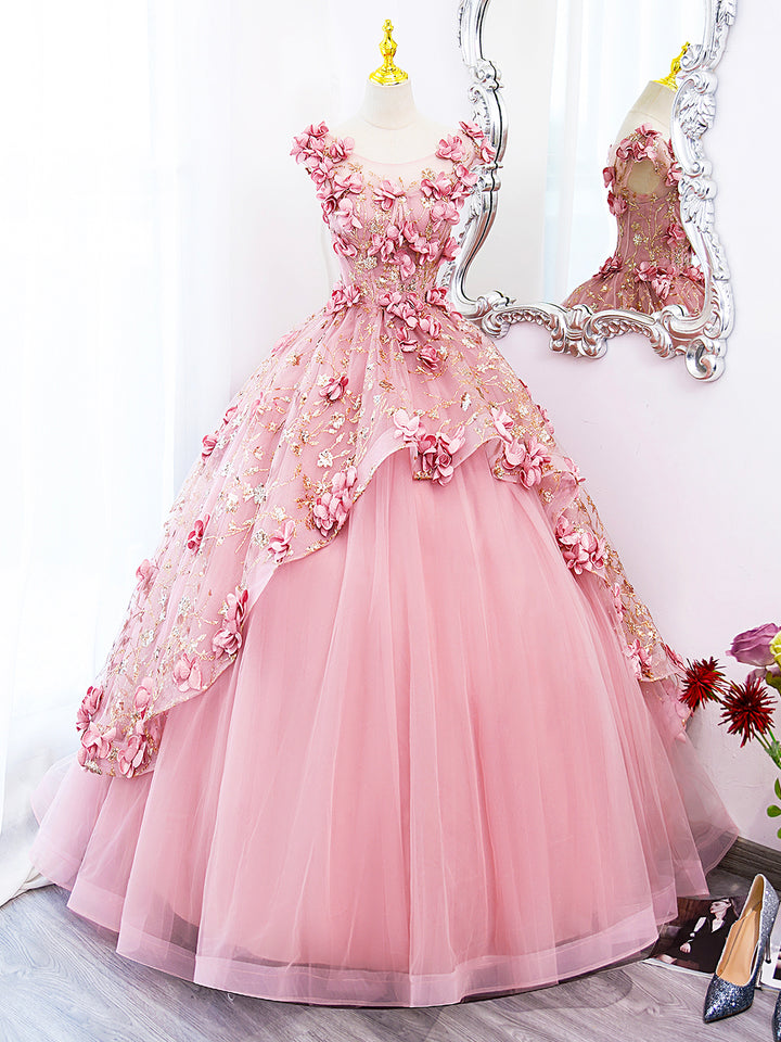 Luolandi Pink Tulle Long Prom Dress with Flowers Beautiful A-Line Sweet 16 Dress Floor Length