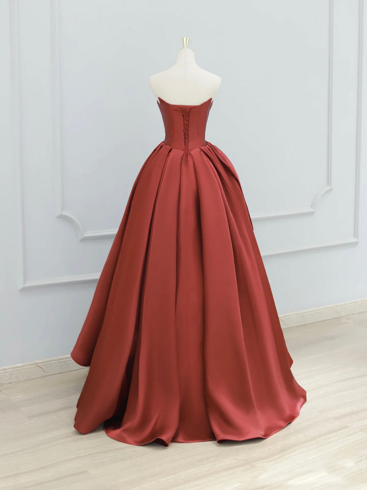 Luolandi Burgundy Strapless Satin Long Prom Dress Beautiful A-Line Evening Party Dress Off Shoulder