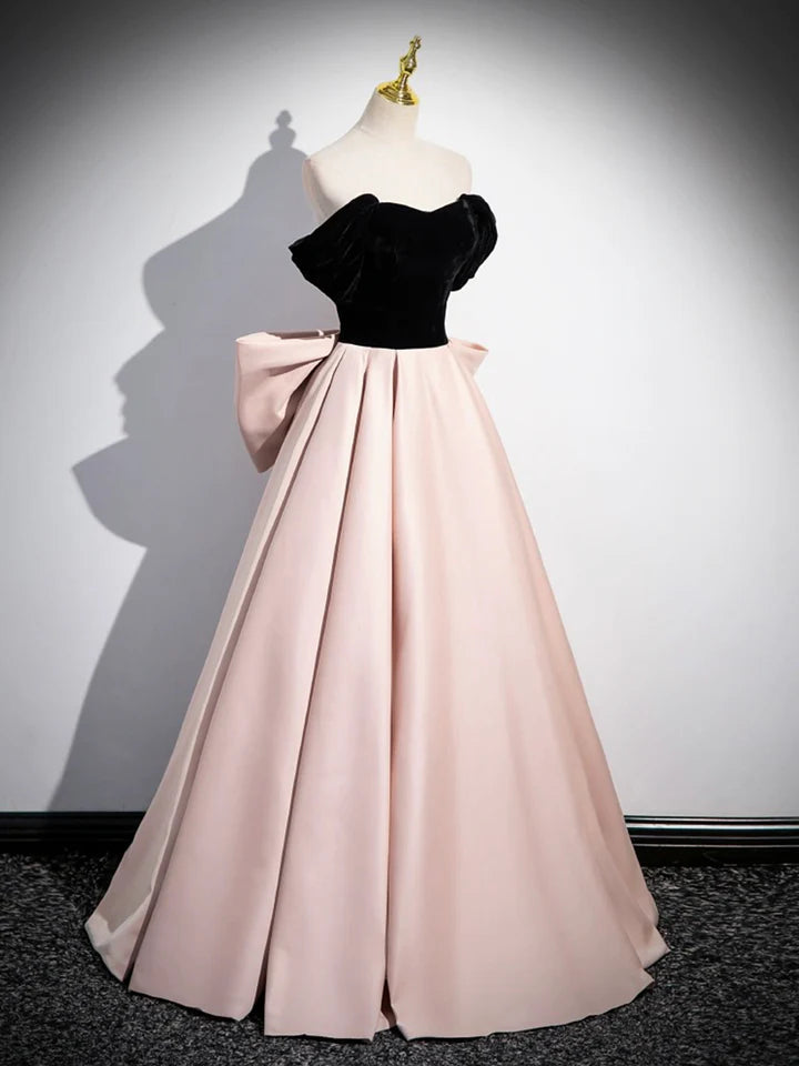 Luolandi Black Satin and Pink Satin Long Prom Dress Lovely A-Line Bow Party Evening Dress Floor Length