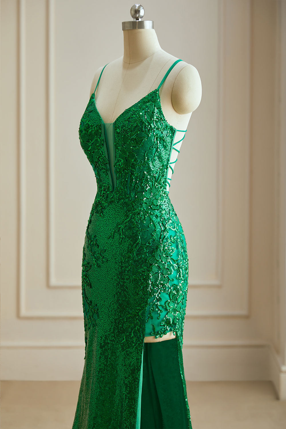 Luolandi Mermaid Spaghetti Straps V Neck Sequin Slit Prom Dresses with Appliques Sexy Evening Dresses