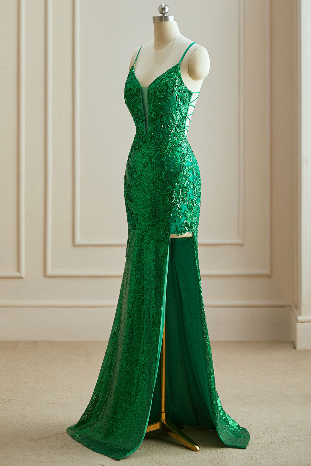 Luolandi Mermaid Spaghetti Straps V Neck Sequin Slit Prom Dresses with Appliques Sexy Evening Dresses