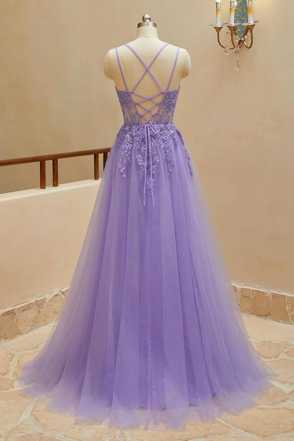 Luolandi A Line Spaghetti Straps Tulle Slit Long Prom Dresses With Appliques Beautiful With Slit
