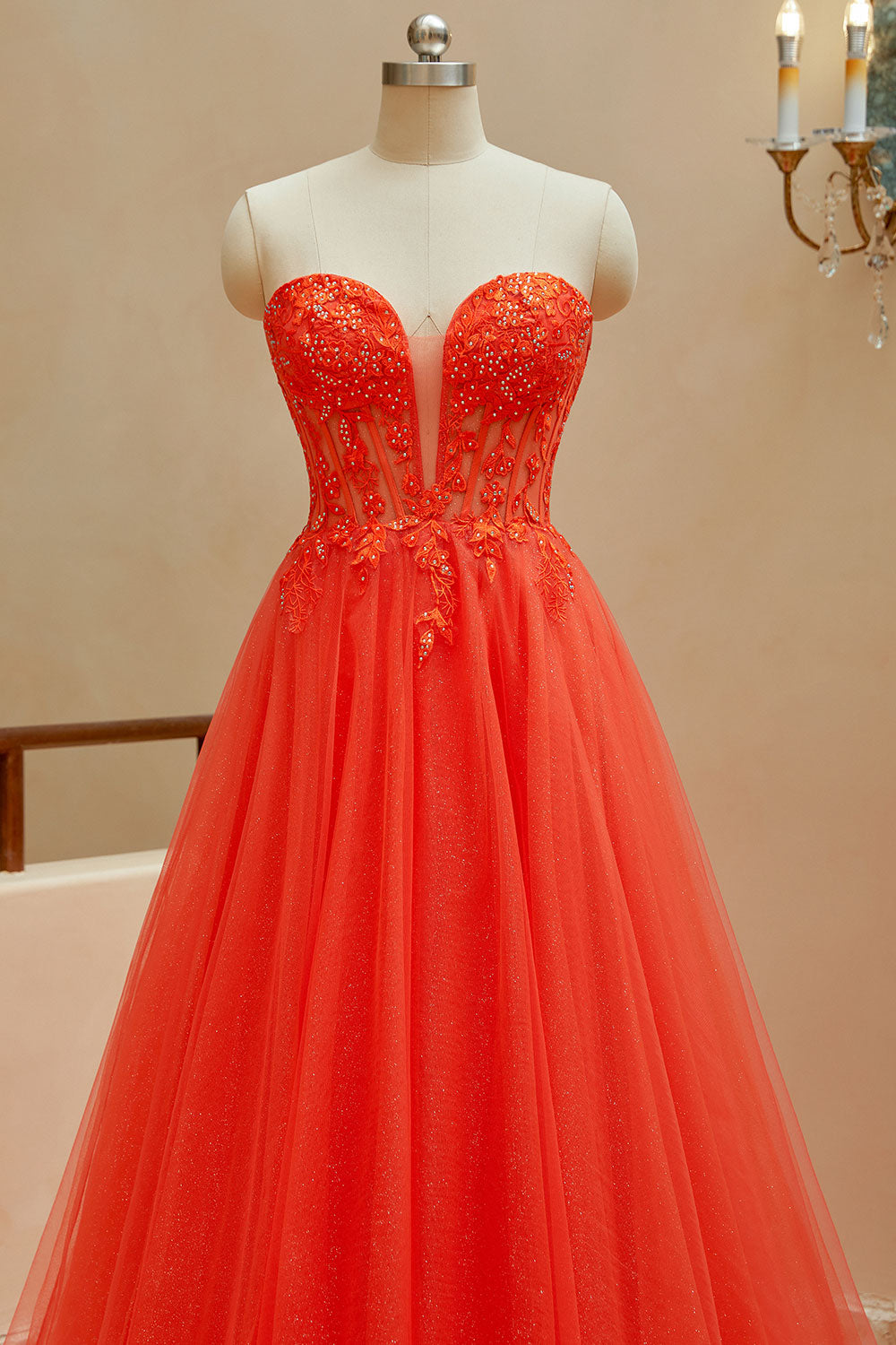 Luolandi A Line Sweetheart Tulle Beaded Prom Dresses with Appliques Off Shoulder