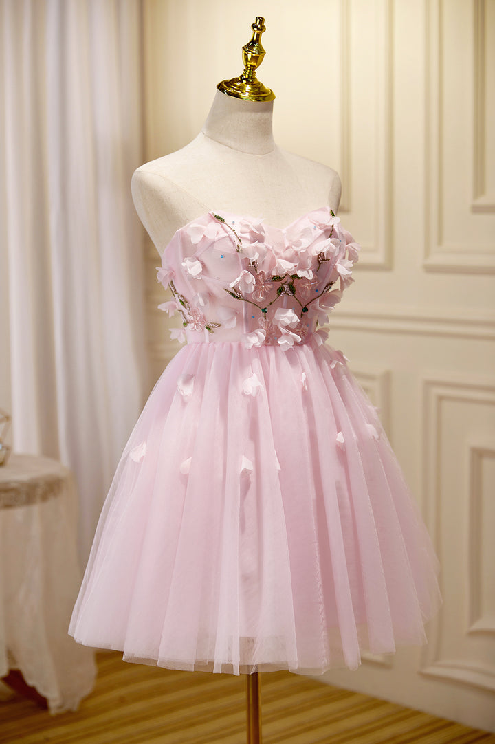 Luolandi Pink Tulle Short Prom Dress Pink A-Line Strapless Homecoming Dress With Flowers