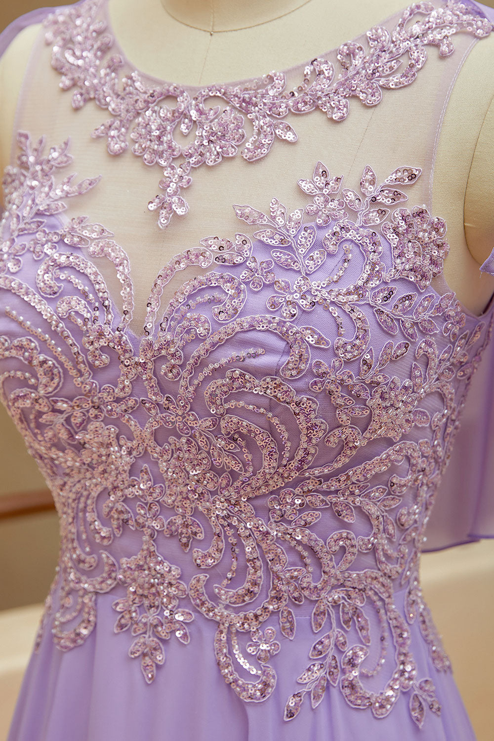 Luolandi A-Line Scoop Neck Chiffon Cap Sleeves Prom Dresses With Sequin Floor Length