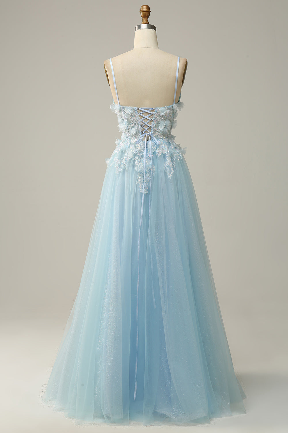 Luolandi Sky Blue A Line Spaghetti Straps Prom Dress with Appliques Beautiful