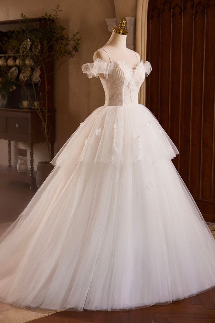 Luolandi A-Line Spaghetti Strap Lace Beaded Party Dress Light Champagne Floor Length Formal Wedding Dress