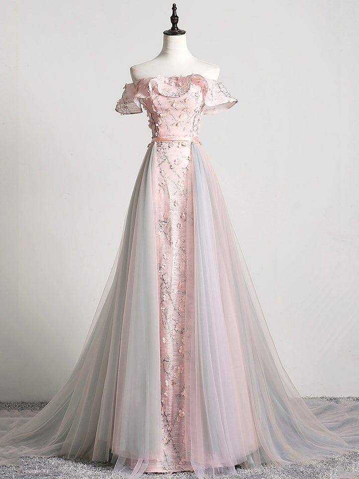 Luolandi Lovely Tulle Applique Long Prom Dress A-Line Evening Dress with Detachable Skirt With Flowers