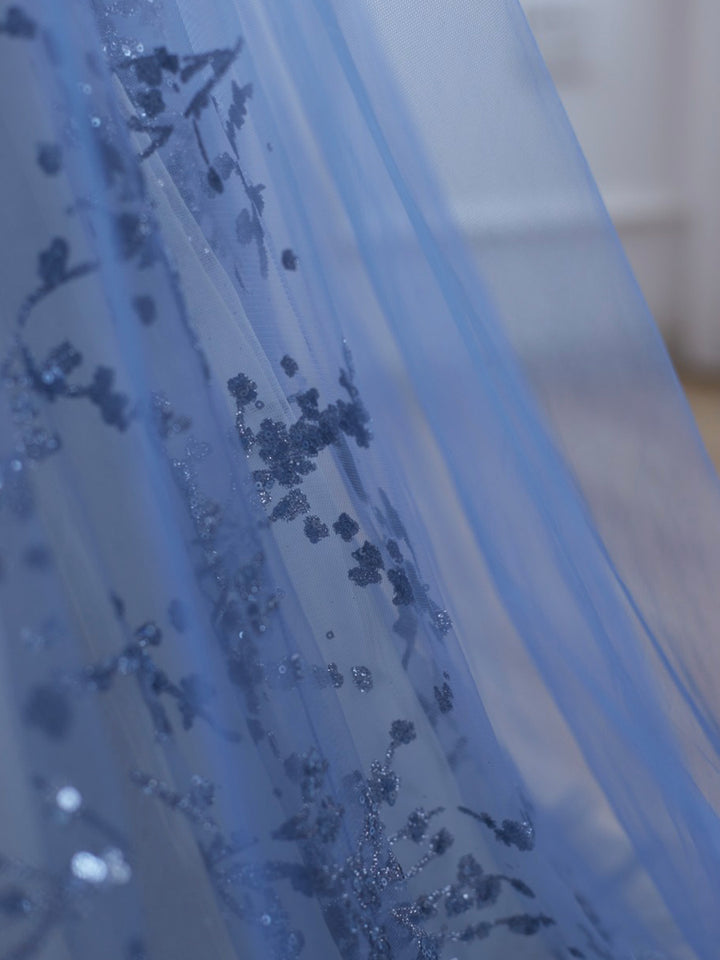 Luolandi Blue Strapless Tulle Long Prom Dress with Beaded A-Line Evening Formal Dress Off Shoulder