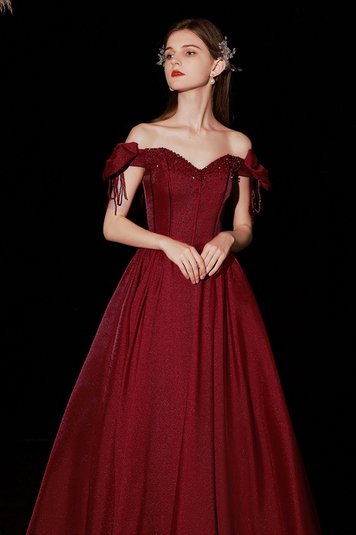 Luolandi Burgundy Satin Long Prom Dresses A-Line Off the Shoulder Formal Dresses Sexy