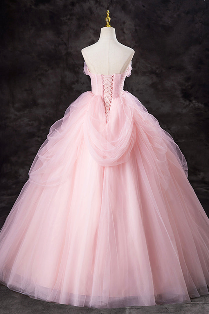 Luolandi A-Line Pink Tulle Long Formal Gown Pink Strapless Sweet 16 Princess Dress Prom Dress