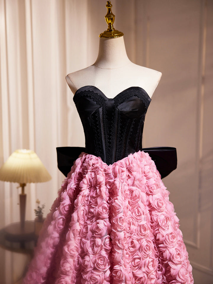 Luolandi Black Satin and Pink Ruffle Flower Short Prom Dress Lovely A-Line Strapless Bow Party Cocktail Dress Beautiful