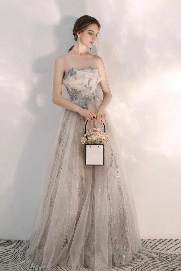 Luolandi Champagne Tulle Sequins Long Prom Dresses A-Line Evening Dresses Off Shoulder