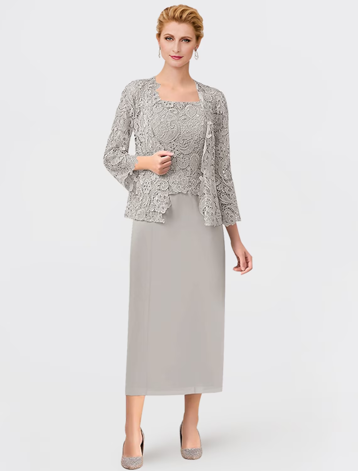 Luolandi Two Piece Mother of the Bride Dress Formal Wedding Guest Elegant Square Neck Ankle Length Chiffon Lace Sleeveless Wrap Included