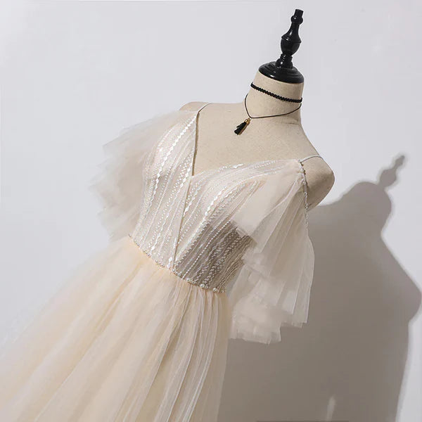 Luolandi Ivory Tulle V-neckline Straps Off Shoulder Long Evening Dress A-line Prom Dress Party Dress Elegant