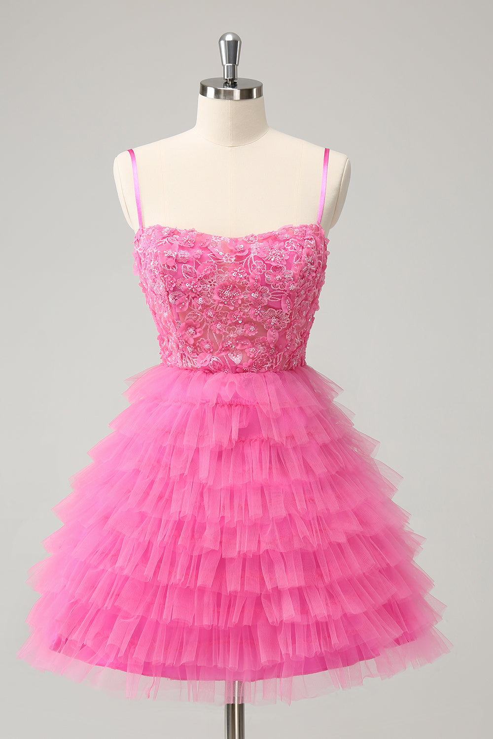 Luolandi Pink A Line Spaghetti Straps Tiered Corset Short Homecoming Dress with Sequins Beautiful