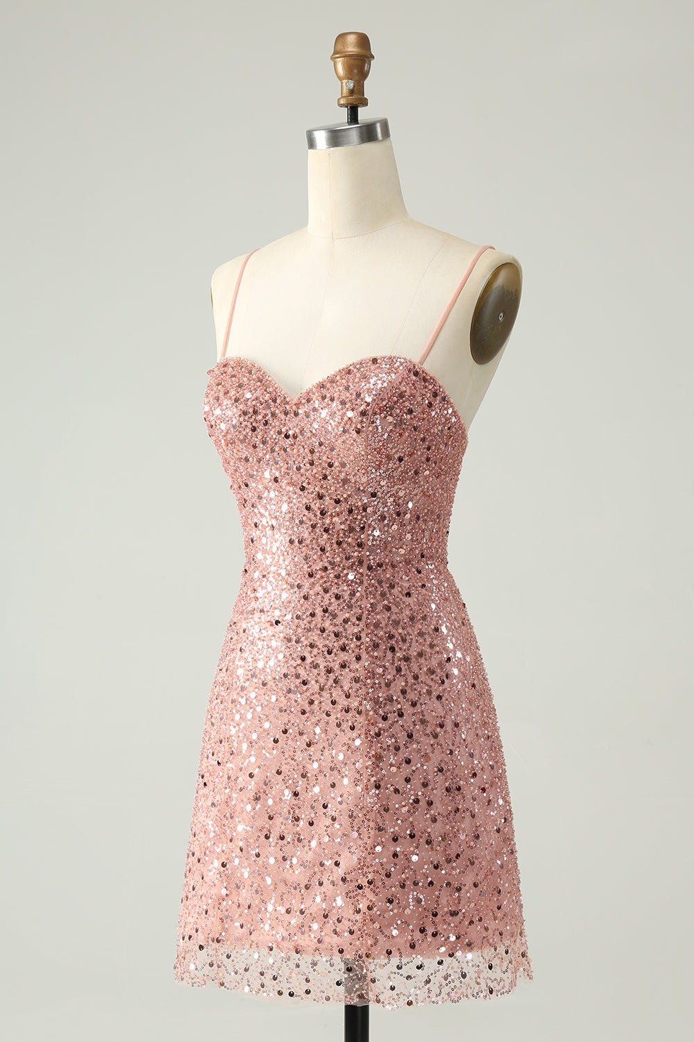 Luolandi Sparkly Blush A Line Spaghetti Straps Short Homecoming Dress with Sequins Sexy