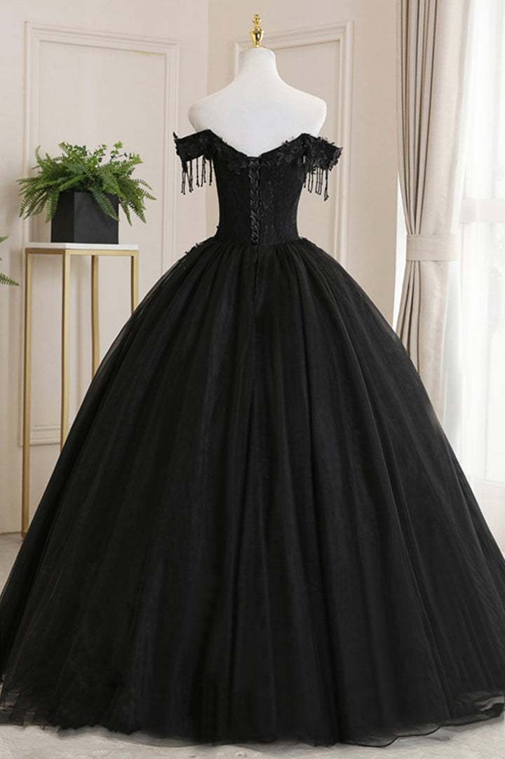Luolandi Black Tulle Lace Off the Shoulder Prom Dress A-Line Evening Dress