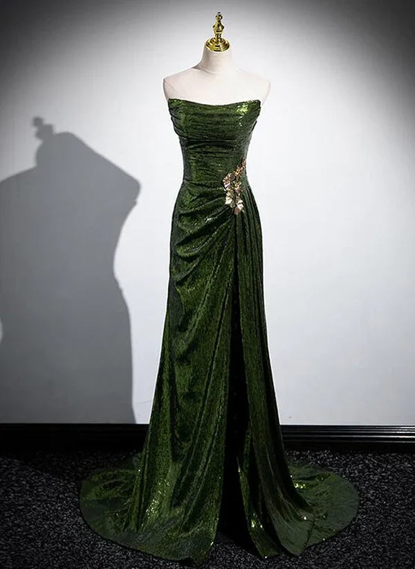 Luolandi Green Sequins Long Mermaid Prom Dress Green Lace-up Party Dress with Slit Sparkly Evening Dress