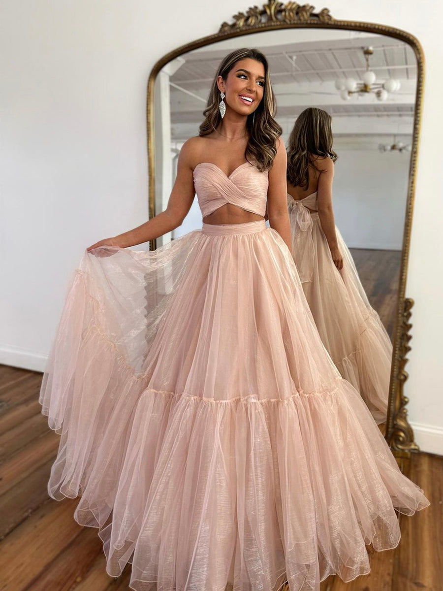 Luolandi Pink Tulle Long Formal Dress Two Pieces Evening Dress Party Dress Off Shoulder