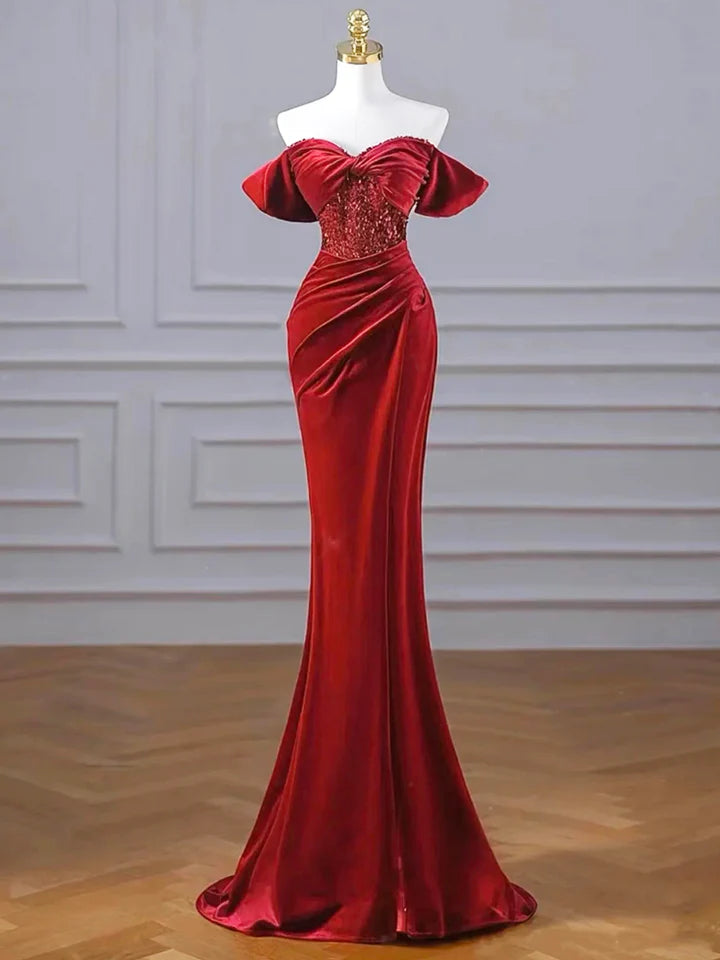 Luolandi Burgundy Velvet Sequins Long Prom Dress Mermaid Off the Shoulder Party Dress with Slit Sexy