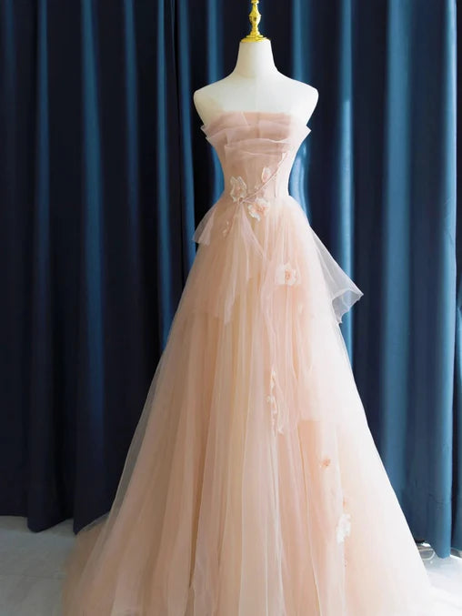 Luolandi Pink Tulle Long Formal Dress with Flowers Prom Dress A Line Off Shoulder Floor Length