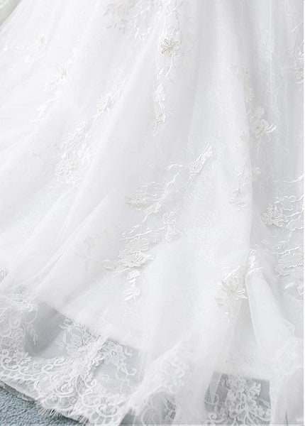 Luolandi A Line Wedding Dresses Long Sleeves With Applique Tulle Covered Button Sweep Train Beautiful