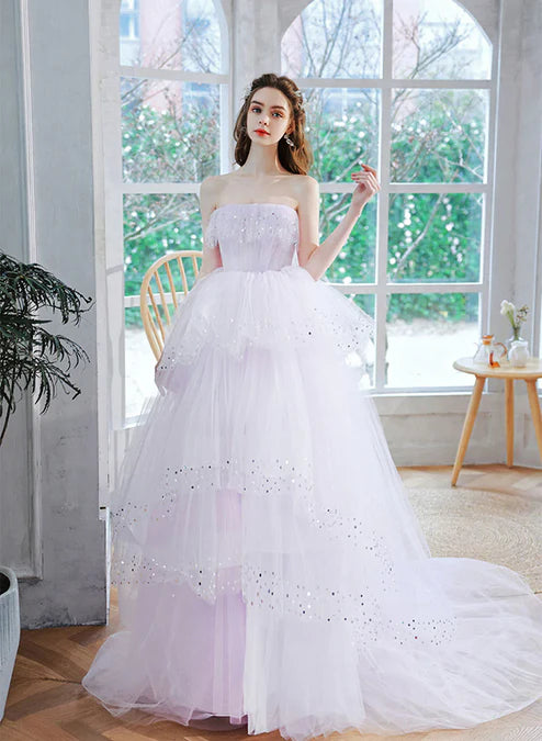 Luolandi Light Purple Tulle Floor Length Party Dress A-line Layers Sweet 16 Dress Off Shoulder Prom Dress