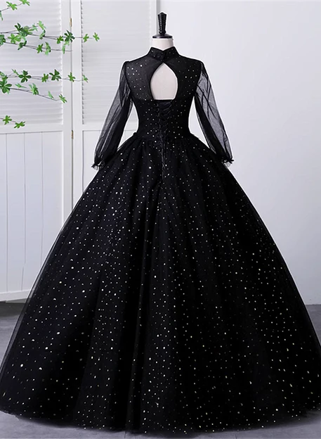 Luolandi Black High Neckline Long Sleeves Tulle Sweet 16 Dress Ball Gown Formal Dress Prom Dress