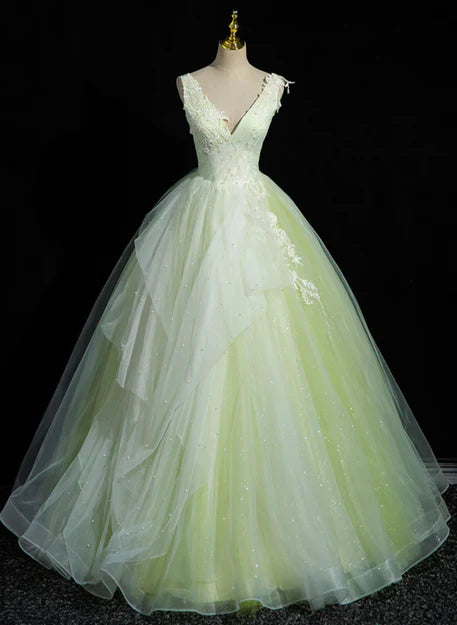 Luolandi Light Green V-neckline Tulle Long Party Dress Sweet 16 Dress Sleeveless Prom Dress Ball Gown