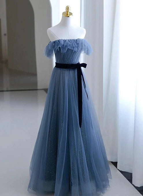 Luolandi Blue Tulle A-line Off Shoulder Long Party Dress Scoop Prom Dress Evening Dress december wedding guest dress