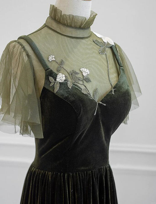 Luolandi A-line Green Velvet Long Wedding Party Dress High Neckline Prom Dress Evening Dress Formal Dress