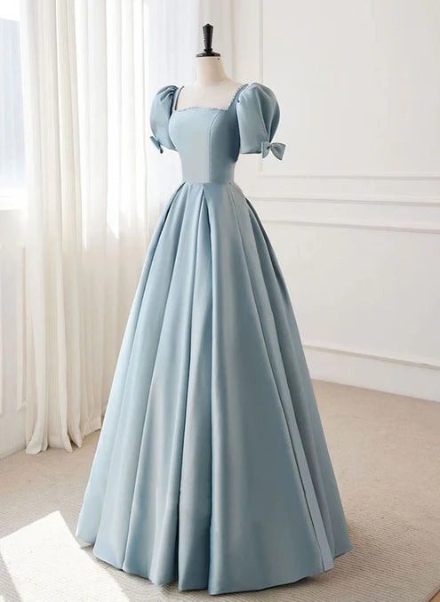 Luolandi A-line Blue Satin Short Sleevs Long Formal Dress Simple Floor Length Prom Dress Elegant Evening Dress